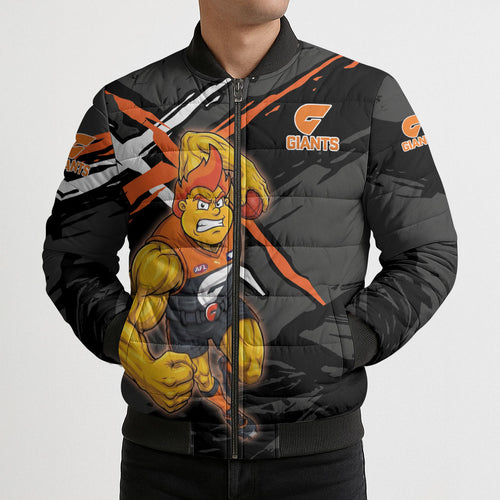 Greater Western Sydney Giants Bomber Puffer Jacket Orange Muscular Mascot Graphic - Abstract Paint Splatter Art