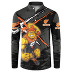 Greater Western Sydney Giants Button Sweatshirt Orange Muscular Mascot Graphic - Abstract Paint Splatter Art