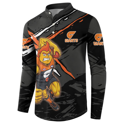 Greater Western Sydney Giants Button Sweatshirt Orange Muscular Mascot Graphic - Abstract Paint Splatter Art