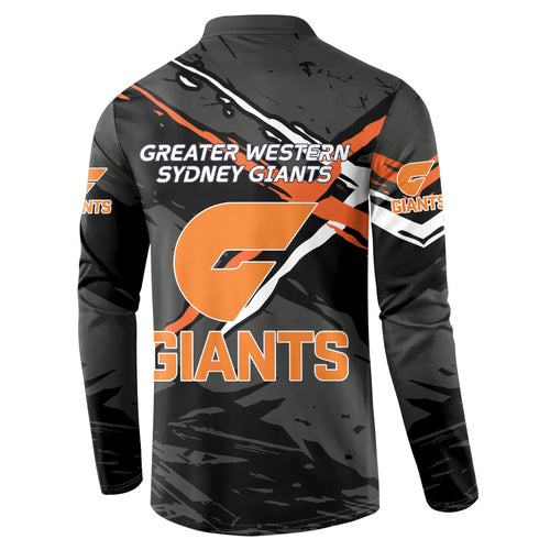 Greater Western Sydney Giants Button Sweatshirt Orange Muscular Mascot Graphic - Abstract Paint Splatter Art