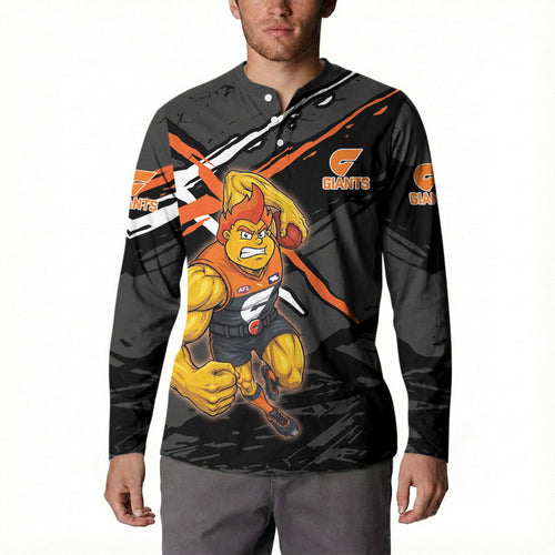 Greater Western Sydney Giants Button Sweatshirt Orange Muscular Mascot Graphic - Abstract Paint Splatter Art