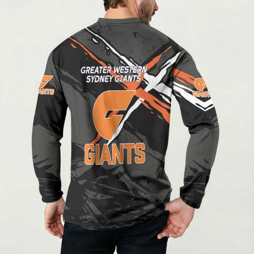 Greater Western Sydney Giants Button Sweatshirt Orange Muscular Mascot Graphic - Abstract Paint Splatter Art