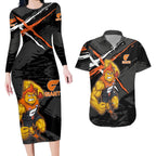 Greater Western Sydney Giants Couples Matching Long Sleeve Bodycon Dress and Hawaiian Shirt Orange Muscular Mascot Graphic - Abstract Paint Splatter Art