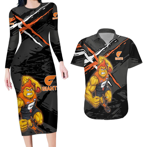 Greater Western Sydney Giants Couples Matching Long Sleeve Bodycon Dress and Hawaiian Shirt Orange Muscular Mascot Graphic - Abstract Paint Splatter Art