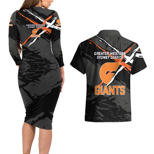 Greater Western Sydney Giants Couples Matching Long Sleeve Bodycon Dress and Hawaiian Shirt Orange Muscular Mascot Graphic - Abstract Paint Splatter Art