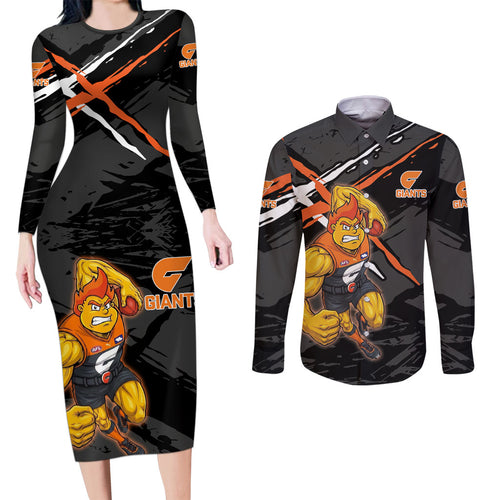 Greater Western Sydney Giants Couples Matching Long Sleeve Bodycon Dress and Long Sleeve Button Shirt Orange Muscular Mascot Graphic - Abstract Paint Splatter Art