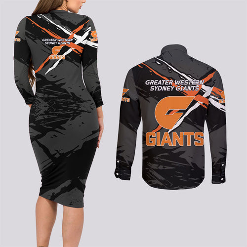 Greater Western Sydney Giants Couples Matching Long Sleeve Bodycon Dress and Long Sleeve Button Shirt Orange Muscular Mascot Graphic - Abstract Paint Splatter Art