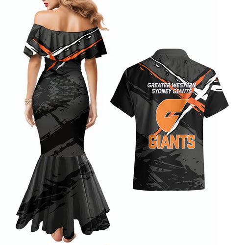 Greater Western Sydney Giants Couples Matching Mermaid Dress and Hawaiian Shirt Orange Muscular Mascot Graphic - Abstract Paint Splatter Art
