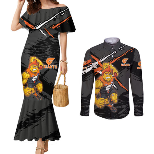 Greater Western Sydney Giants Couples Matching Mermaid Dress and Long Sleeve Button Shirt Orange Muscular Mascot Graphic - Abstract Paint Splatter Art
