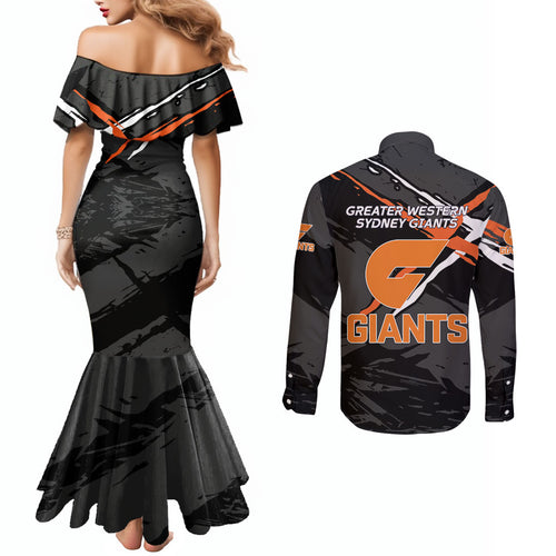 Greater Western Sydney Giants Couples Matching Mermaid Dress and Long Sleeve Button Shirt Orange Muscular Mascot Graphic - Abstract Paint Splatter Art