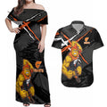 Greater Western Sydney Giants Couples Matching Off Shoulder Maxi Dress and Hawaiian Shirt Orange Muscular Mascot Graphic - Abstract Paint Splatter Art