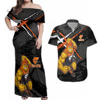 Greater Western Sydney Giants Couples Matching Off Shoulder Maxi Dress and Hawaiian Shirt Orange Muscular Mascot Graphic - Abstract Paint Splatter Art
