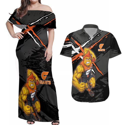 Greater Western Sydney Giants Couples Matching Off Shoulder Maxi Dress and Hawaiian Shirt Orange Muscular Mascot Graphic - Abstract Paint Splatter Art