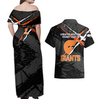 Greater Western Sydney Giants Couples Matching Off Shoulder Maxi Dress and Hawaiian Shirt Orange Muscular Mascot Graphic - Abstract Paint Splatter Art