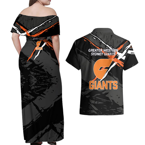 Greater Western Sydney Giants Couples Matching Off Shoulder Maxi Dress and Hawaiian Shirt Orange Muscular Mascot Graphic - Abstract Paint Splatter Art
