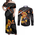 Greater Western Sydney Giants Couples Matching Off Shoulder Maxi Dress and Long Sleeve Button Shirt Orange Muscular Mascot Graphic - Abstract Paint Splatter Art