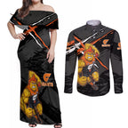 Greater Western Sydney Giants Couples Matching Off Shoulder Maxi Dress and Long Sleeve Button Shirt Orange Muscular Mascot Graphic - Abstract Paint Splatter Art
