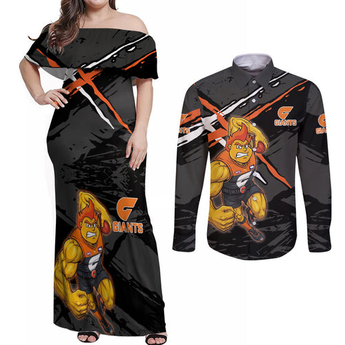 Greater Western Sydney Giants Couples Matching Off Shoulder Maxi Dress and Long Sleeve Button Shirt Orange Muscular Mascot Graphic - Abstract Paint Splatter Art