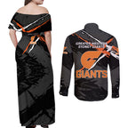 Greater Western Sydney Giants Couples Matching Off Shoulder Maxi Dress and Long Sleeve Button Shirt Orange Muscular Mascot Graphic - Abstract Paint Splatter Art