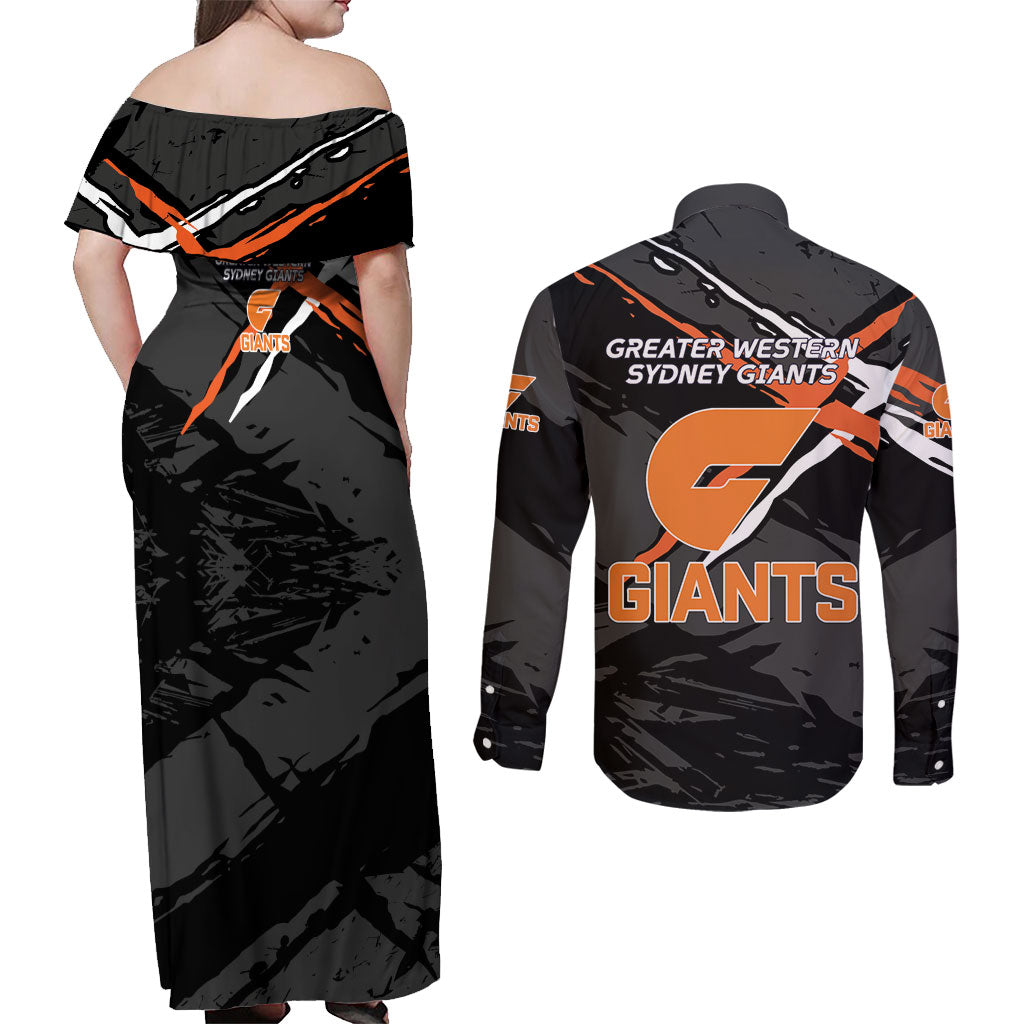 Greater Western Sydney Giants Couples Matching Off Shoulder Maxi Dress and Long Sleeve Button Shirt Orange Muscular Mascot Graphic - Abstract Paint Splatter Art