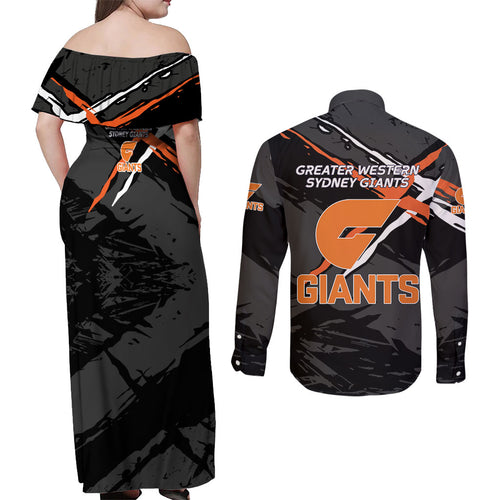 Greater Western Sydney Giants Couples Matching Off Shoulder Maxi Dress and Long Sleeve Button Shirt Orange Muscular Mascot Graphic - Abstract Paint Splatter Art
