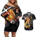 Greater Western Sydney Giants Couples Matching Off Shoulder Short Dress and Hawaiian Shirt Orange Muscular Mascot Graphic - Abstract Paint Splatter Art
