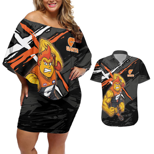 Greater Western Sydney Giants Couples Matching Off Shoulder Short Dress and Hawaiian Shirt Orange Muscular Mascot Graphic - Abstract Paint Splatter Art