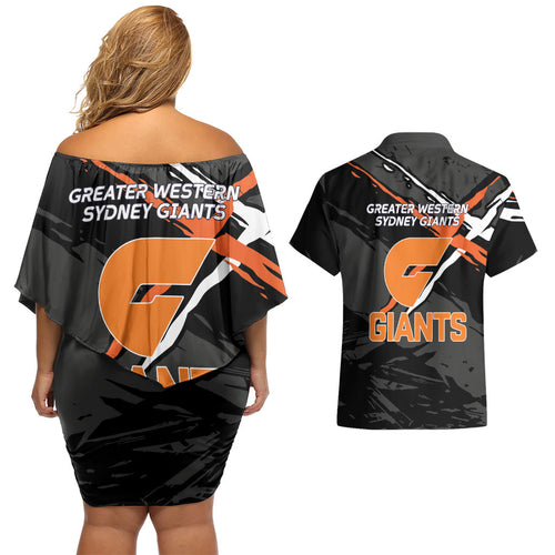 Greater Western Sydney Giants Couples Matching Off Shoulder Short Dress and Hawaiian Shirt Orange Muscular Mascot Graphic - Abstract Paint Splatter Art