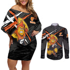 Greater Western Sydney Giants Couples Matching Off Shoulder Short Dress and Long Sleeve Button Shirt Orange Muscular Mascot Graphic - Abstract Paint Splatter Art