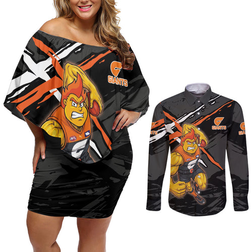 Greater Western Sydney Giants Couples Matching Off Shoulder Short Dress and Long Sleeve Button Shirt Orange Muscular Mascot Graphic - Abstract Paint Splatter Art