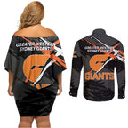 Greater Western Sydney Giants Couples Matching Off Shoulder Short Dress and Long Sleeve Button Shirt Orange Muscular Mascot Graphic - Abstract Paint Splatter Art