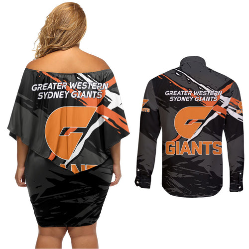 Greater Western Sydney Giants Couples Matching Off Shoulder Short Dress and Long Sleeve Button Shirt Orange Muscular Mascot Graphic - Abstract Paint Splatter Art