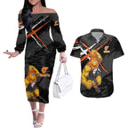 Greater Western Sydney Giants Couples Matching Off The Shoulder Long Sleeve Dress and Hawaiian Shirt Orange Muscular Mascot Graphic - Abstract Paint Splatter Art