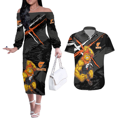 Greater Western Sydney Giants Couples Matching Off The Shoulder Long Sleeve Dress and Hawaiian Shirt Orange Muscular Mascot Graphic - Abstract Paint Splatter Art