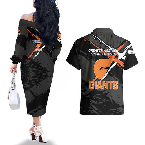 Greater Western Sydney Giants Couples Matching Off The Shoulder Long Sleeve Dress and Hawaiian Shirt Orange Muscular Mascot Graphic - Abstract Paint Splatter Art