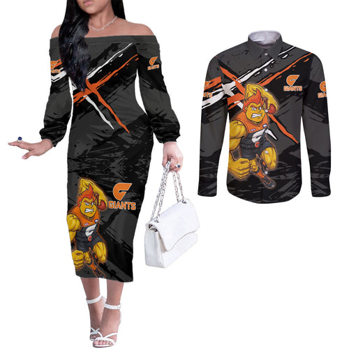Greater Western Sydney Giants Couples Matching Off The Shoulder Long Sleeve Dress and Long Sleeve Button Shirt Orange Muscular Mascot Graphic - Abstract Paint Splatter Art