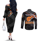 Greater Western Sydney Giants Couples Matching Off The Shoulder Long Sleeve Dress and Long Sleeve Button Shirt Orange Muscular Mascot Graphic - Abstract Paint Splatter Art