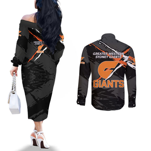 Greater Western Sydney Giants Couples Matching Off The Shoulder Long Sleeve Dress and Long Sleeve Button Shirt Orange Muscular Mascot Graphic - Abstract Paint Splatter Art