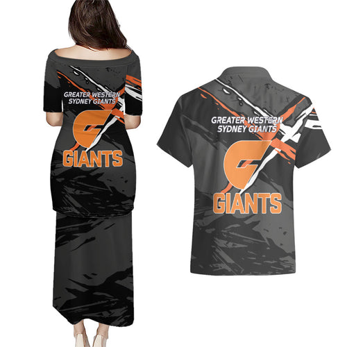 Greater Western Sydney Giants Couples Matching Puletasi and Hawaiian Shirt Orange Muscular Mascot Graphic - Abstract Paint Splatter Art