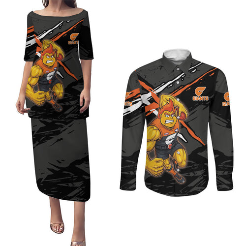 Greater Western Sydney Giants Couples Matching Puletasi and Long Sleeve Button Shirt Orange Muscular Mascot Graphic - Abstract Paint Splatter Art
