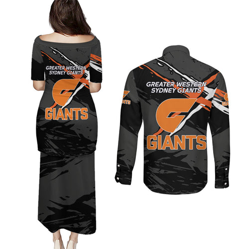 Greater Western Sydney Giants Couples Matching Puletasi and Long Sleeve Button Shirt Orange Muscular Mascot Graphic - Abstract Paint Splatter Art