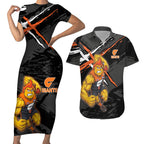 Greater Western Sydney Giants Couples Matching Short Sleeve Bodycon Dress and Hawaiian Shirt Orange Muscular Mascot Graphic - Abstract Paint Splatter Art