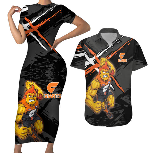 Greater Western Sydney Giants Couples Matching Short Sleeve Bodycon Dress and Hawaiian Shirt Orange Muscular Mascot Graphic - Abstract Paint Splatter Art