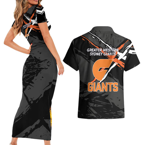 Greater Western Sydney Giants Couples Matching Short Sleeve Bodycon Dress and Hawaiian Shirt Orange Muscular Mascot Graphic - Abstract Paint Splatter Art