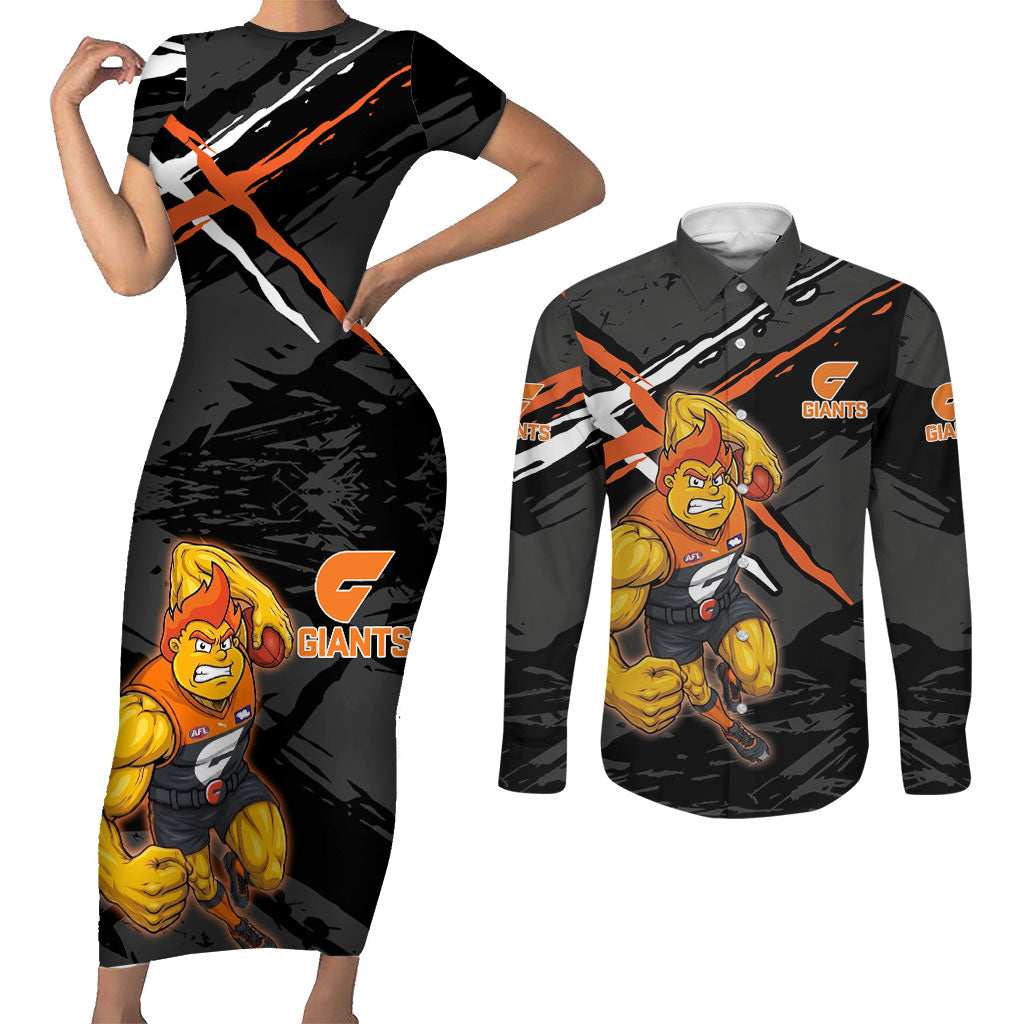 Greater Western Sydney Giants Couples Matching Short Sleeve Bodycon Dress and Long Sleeve Button Shirt Orange Muscular Mascot Graphic - Abstract Paint Splatter Art