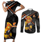 Greater Western Sydney Giants Couples Matching Short Sleeve Bodycon Dress and Long Sleeve Button Shirt Orange Muscular Mascot Graphic - Abstract Paint Splatter Art