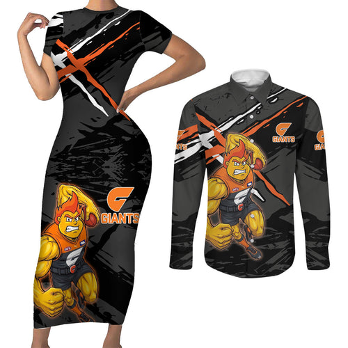 Greater Western Sydney Giants Couples Matching Short Sleeve Bodycon Dress and Long Sleeve Button Shirt Orange Muscular Mascot Graphic - Abstract Paint Splatter Art