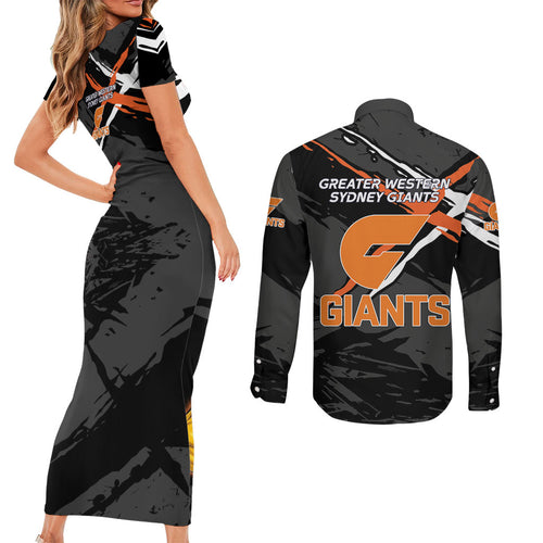 Greater Western Sydney Giants Couples Matching Short Sleeve Bodycon Dress and Long Sleeve Button Shirt Orange Muscular Mascot Graphic - Abstract Paint Splatter Art