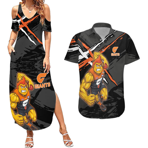 Greater Western Sydney Giants Couples Matching Summer Maxi Dress and Hawaiian Shirt Orange Muscular Mascot Graphic - Abstract Paint Splatter Art