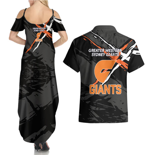 Greater Western Sydney Giants Couples Matching Summer Maxi Dress and Hawaiian Shirt Orange Muscular Mascot Graphic - Abstract Paint Splatter Art